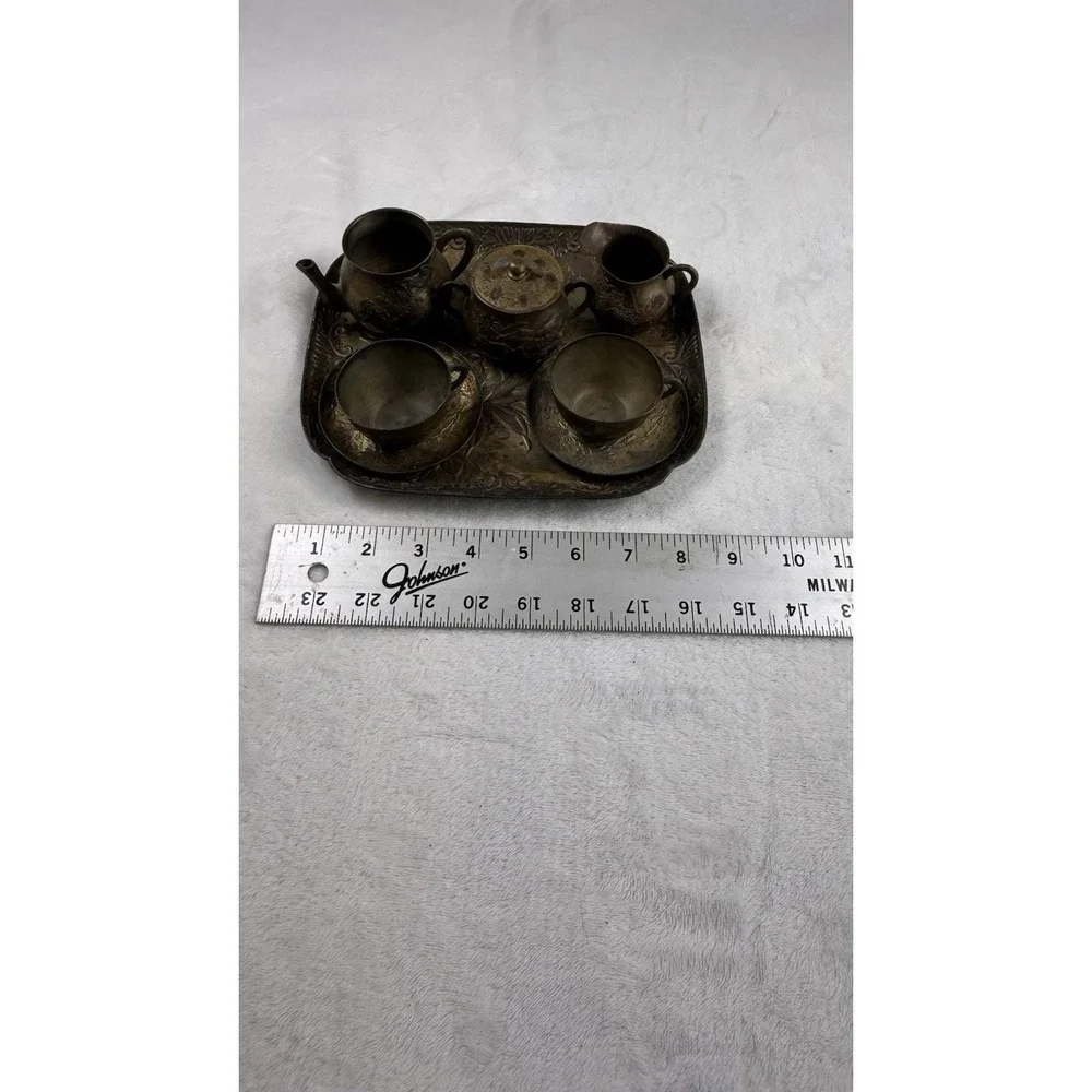 Vintage Japanese Brass Mini Tea Set Tray Teapot Cups Etched Floral Decor